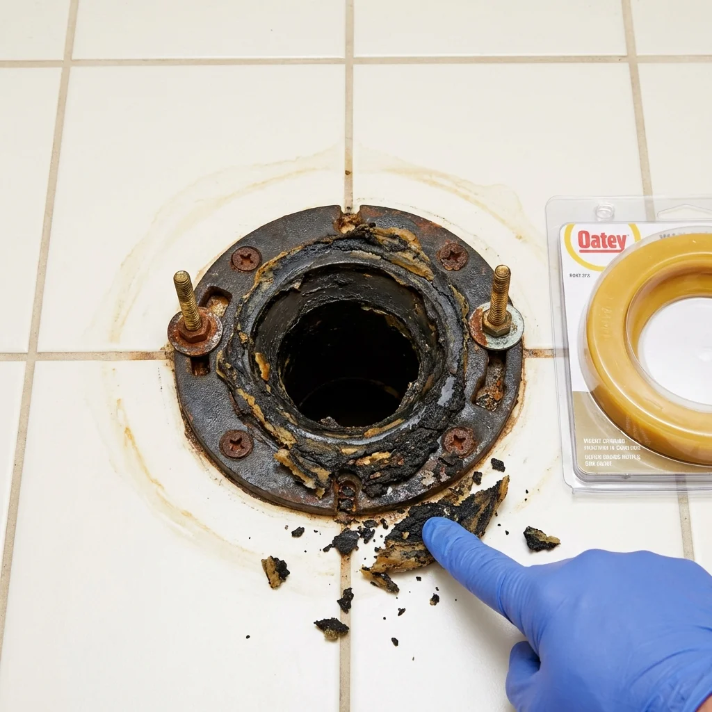 Failed wax ring showing water seepage at the base of a toilet in a Kingstree, SC home