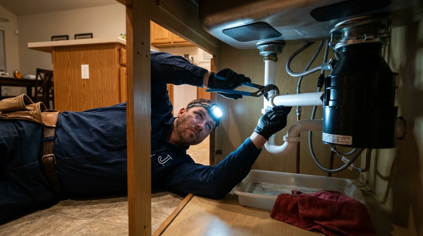 P-trap and supply line connections under a kitchen sink showing a common leak point in Kingstree, SC